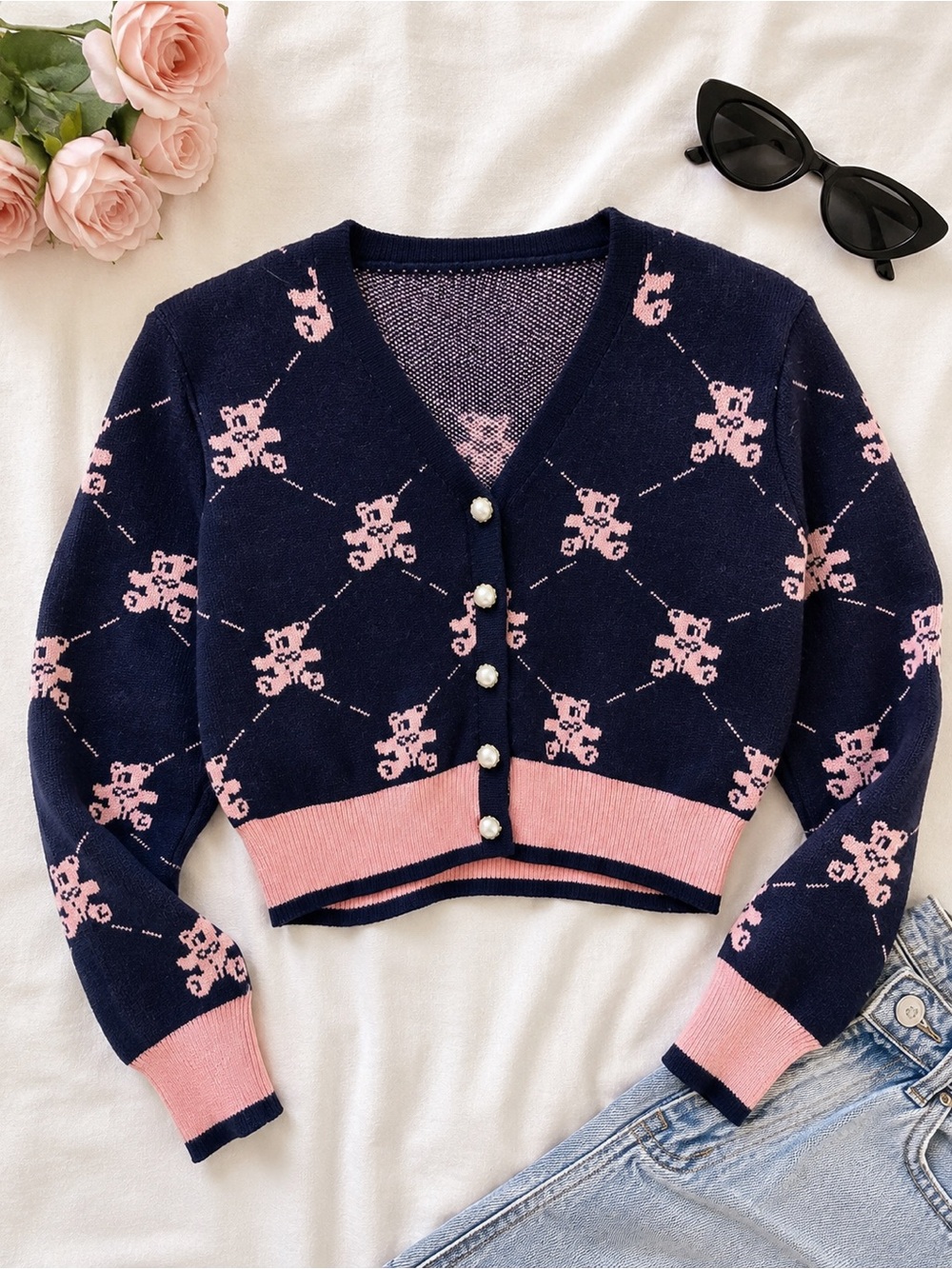 Boutique Teddy Bear Cardigan Navy Pink Pearl Button Cropped Coquette Sweater